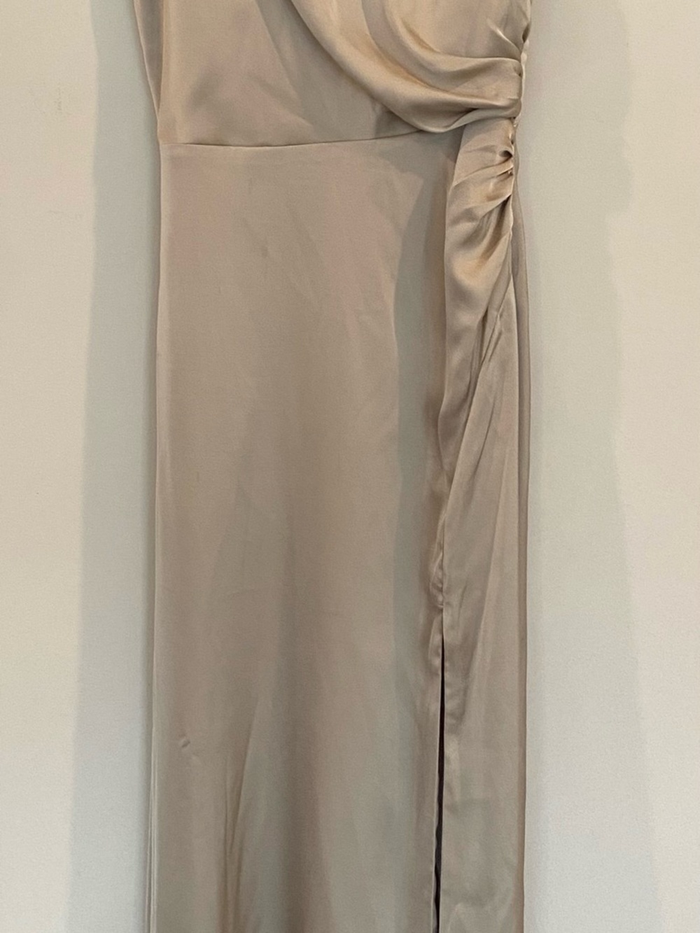 Birdy Grey Catherine Matte Satin Formal Maxi Dress Neutral Champagne Slit XS - Picture 7 of 7